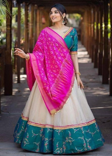Off white chanderi silk embroidered lehenga choli