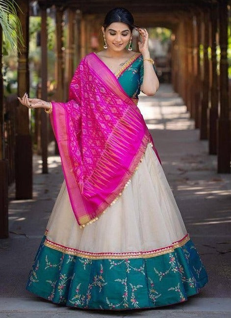 Off white chanderi silk embroidered lehenga choli