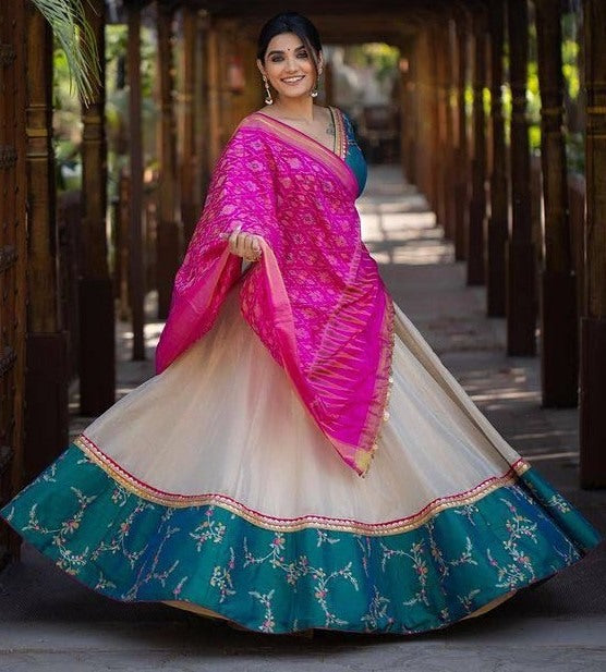 Off white chanderi silk embroidered lehenga choli