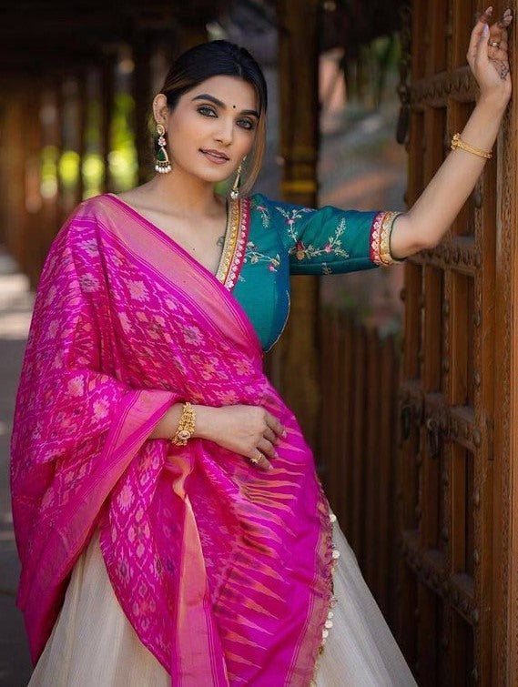 Off white chanderi silk embroidered lehenga choli