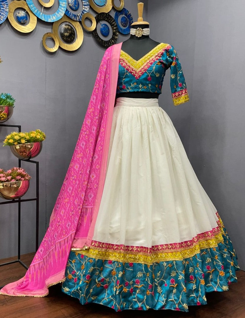 Off white chanderi silk embroidered lehenga choli