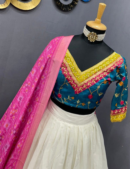 Off white chanderi silk embroidered lehenga choli