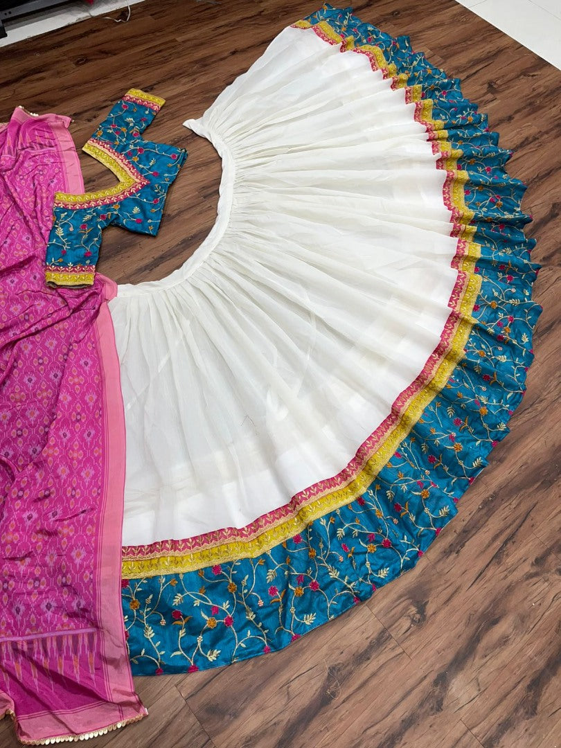 Off white chanderi silk embroidered lehenga choli