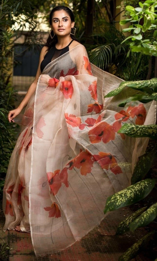 Off white floral printed organza saree