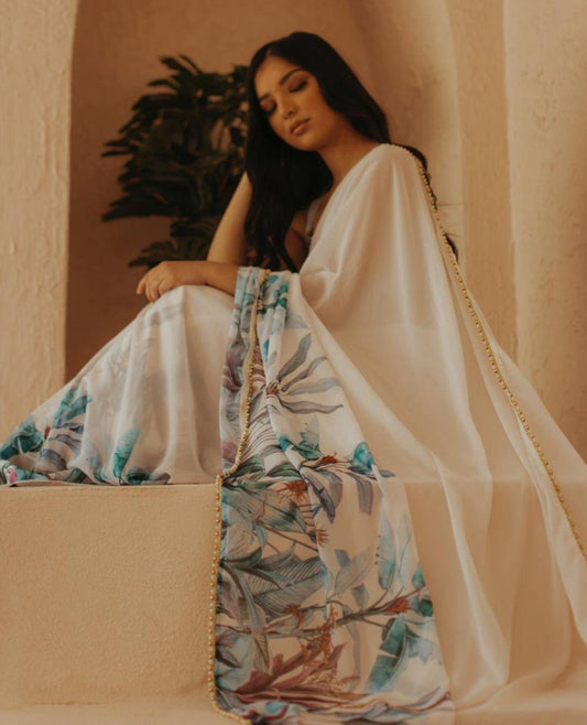 Off white georgette digital printed motilace saree