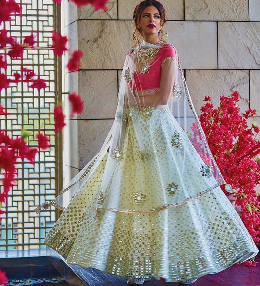 Off white georgette embroidered with real mirror work lehenga choli