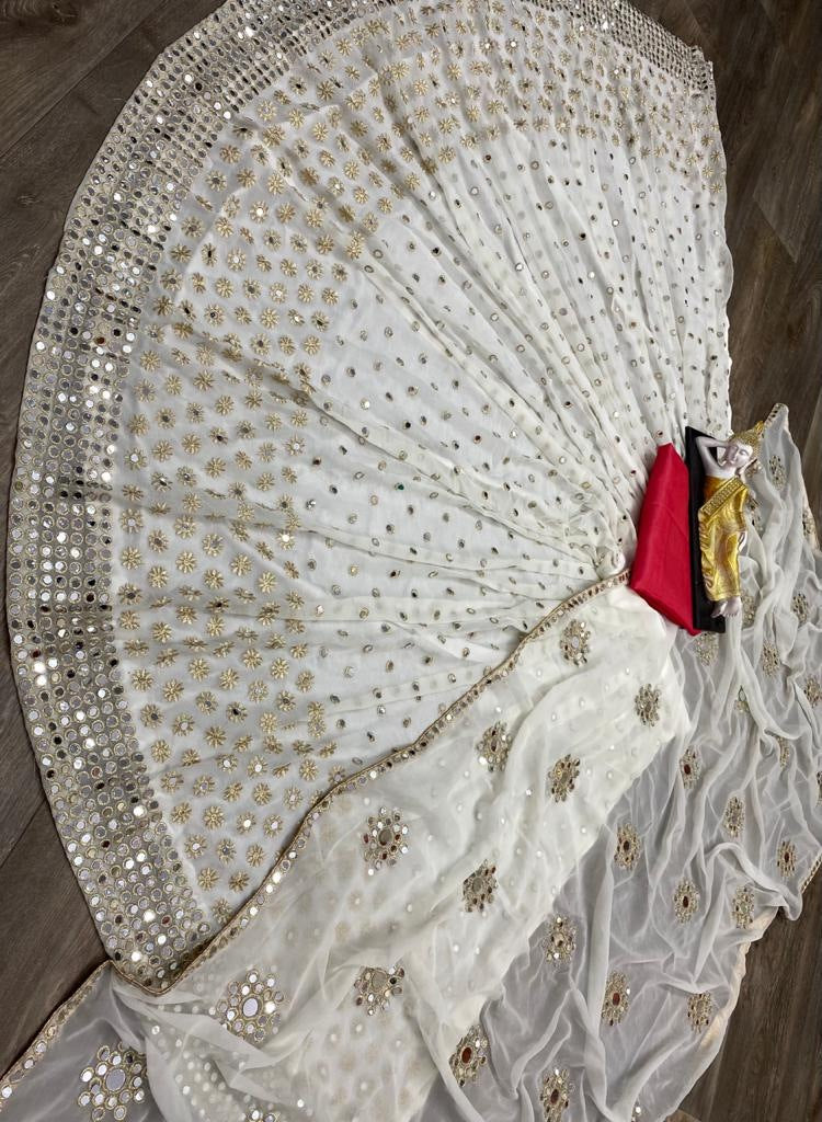 Off white georgette embroidered with real mirror work lehenga choli