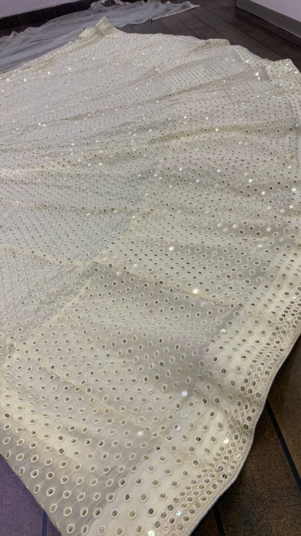 Off white georgette heavy sequence and thread work wedding lehenga choli