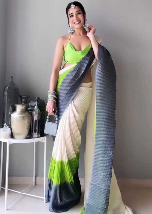Off white green grey georgette pleats saree