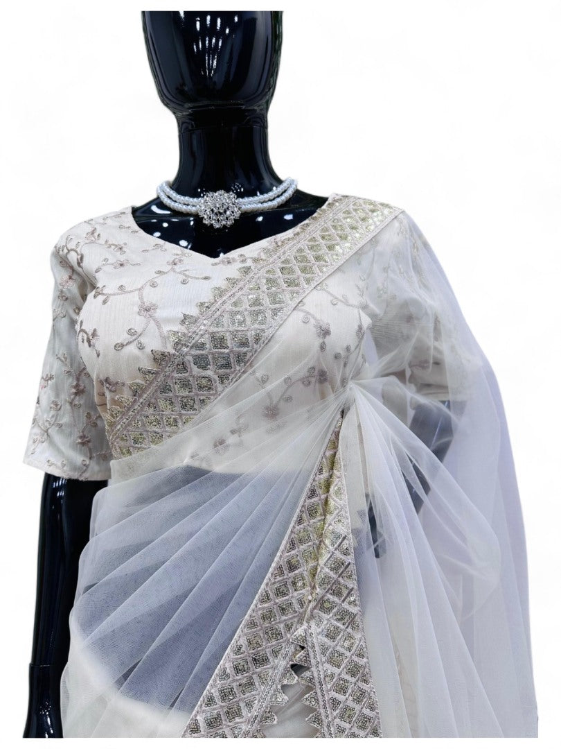 Off white net stylish saree