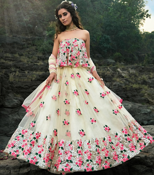 Off white soft net sequence thread work ceremonial lehenga choli