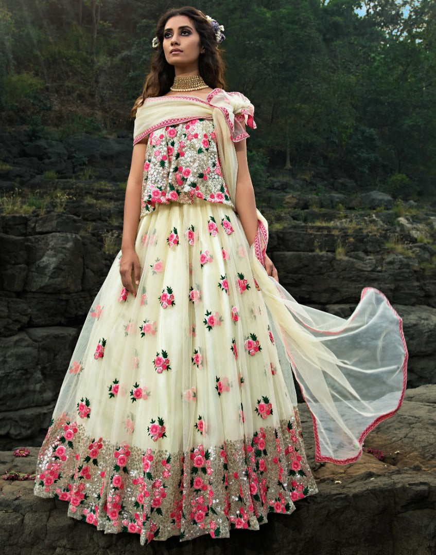 Off white soft net sequence thread work ceremonial lehenga choli