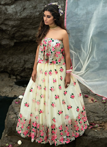 Off white soft net sequence thread work ceremonial lehenga choli