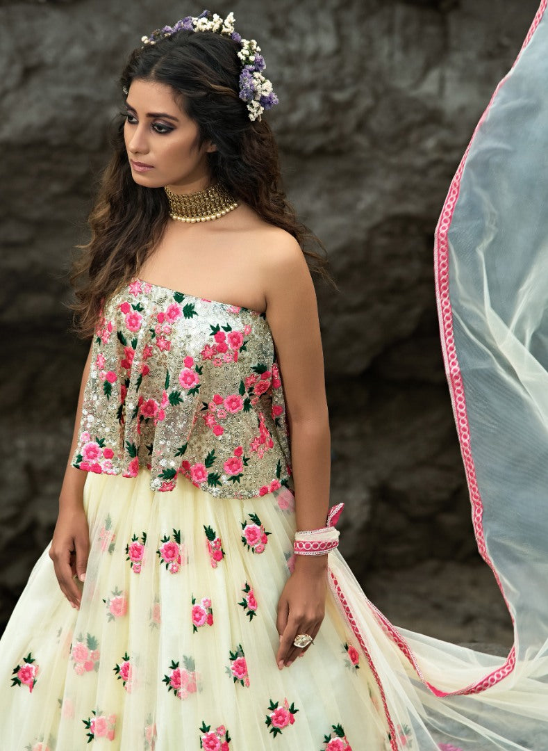 Off white soft net sequence thread work ceremonial lehenga choli