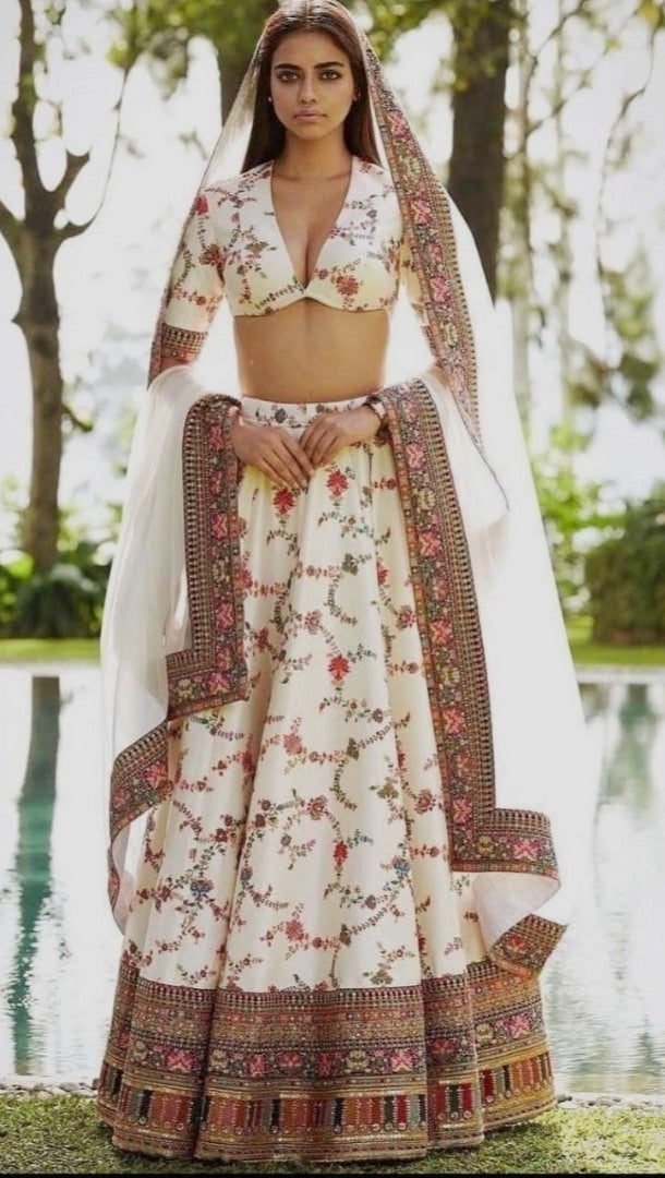 Off white taffeta digital printed georgette lehenga choli