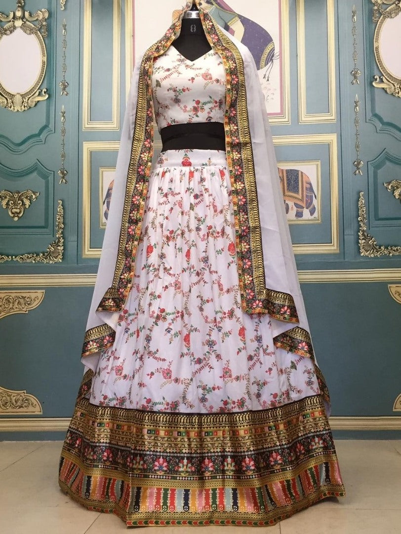 Off white taffeta digital printed georgette lehenga choli