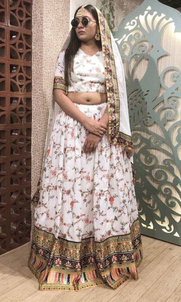 Off white taffeta digital printed georgette lehenga choli