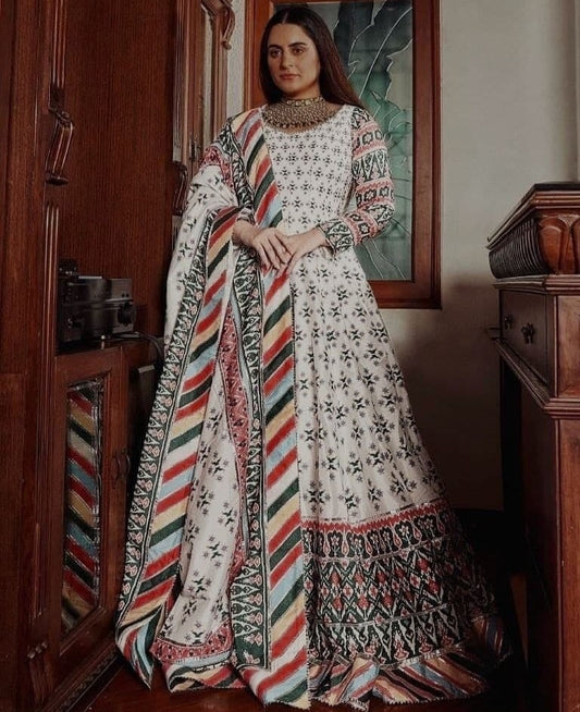 Off white taffeta heavy digital print work gown with dupatta