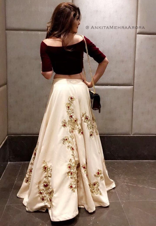off white tapeta silk stylist embroidered crop top lehenga