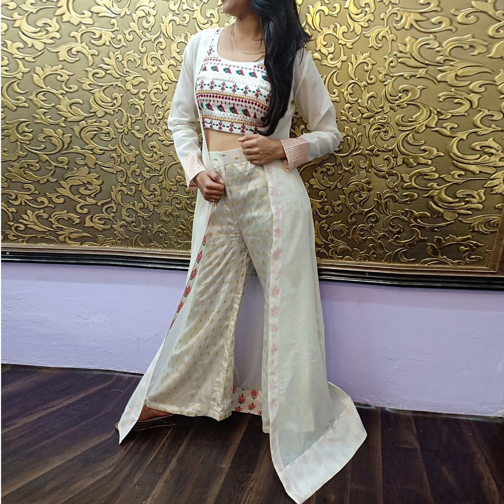 off white tapeta silk stylist plazzo suit with shrug