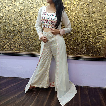 off white tapeta silk stylist plazzo suit with shrug