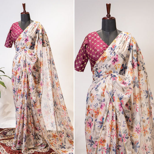 Off white zari chiffon floral printed saree