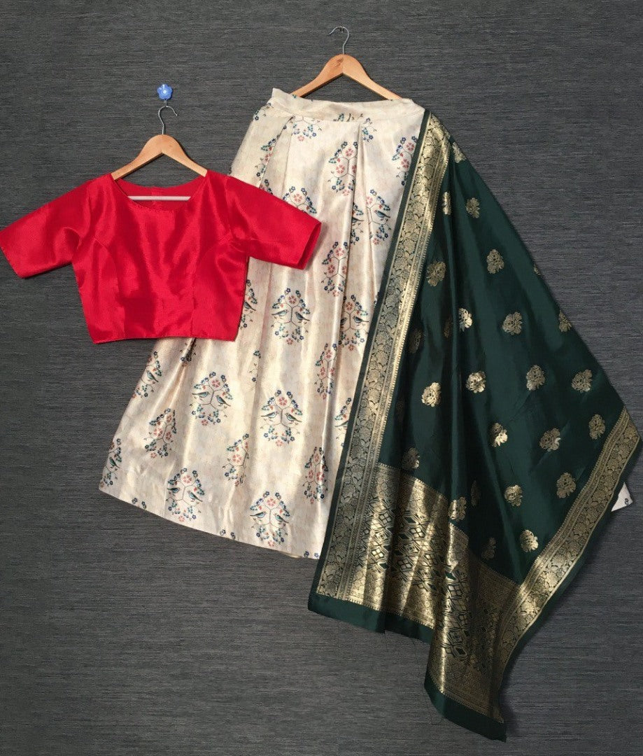 Off white zari satin silk printed lehenga choli with banarasi dupatta