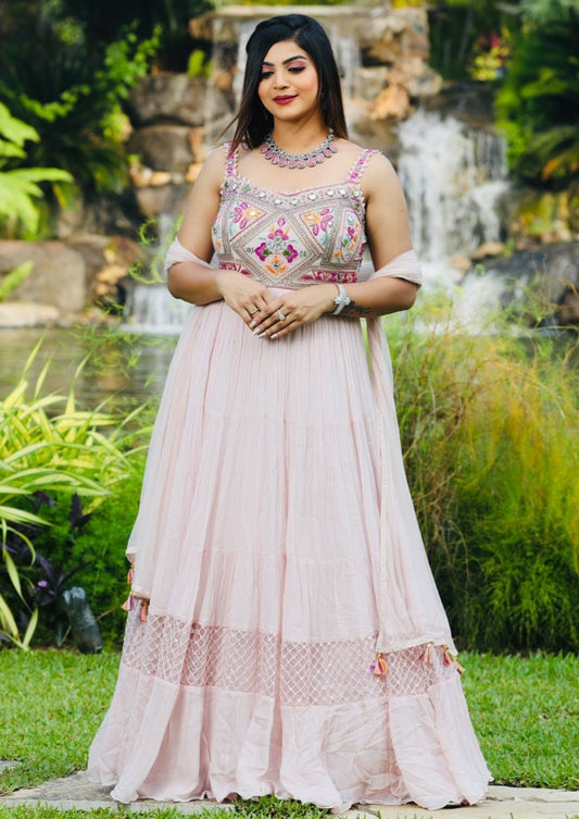 Off whtie georgette embroidered gown