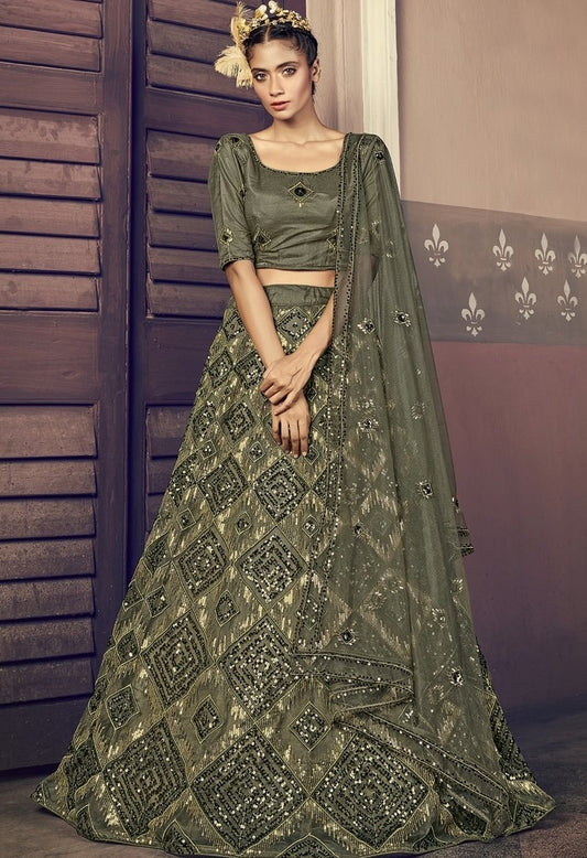 Olive green net sequence embroidered work party wear lehenga choli