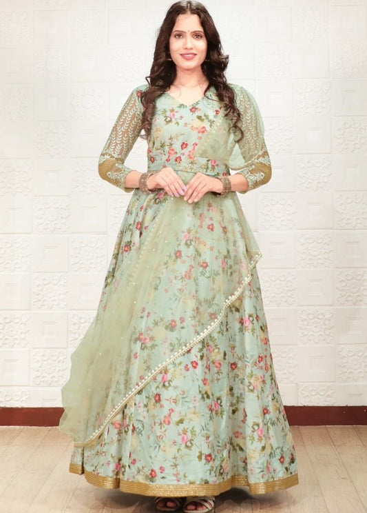 Olive green taffeta silk heavy digital flower printed work gown