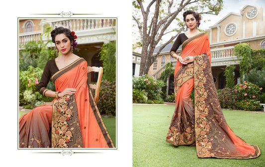 Orange & Brown Colored Art Silk Jari & Resham Embroidery With Stone Work Saree