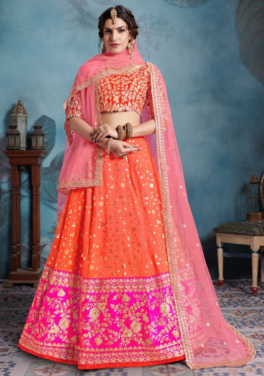 Orange and pink art silk embroidered wedding lehenga choli