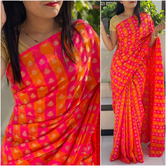 orange and pink chex sana silk saree