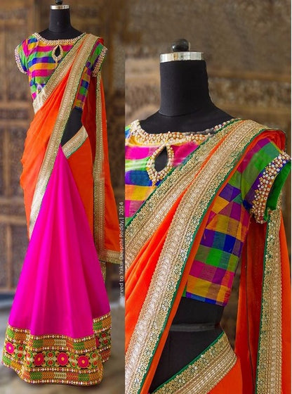 Orange and pink georgette fancy threadwork festival saree