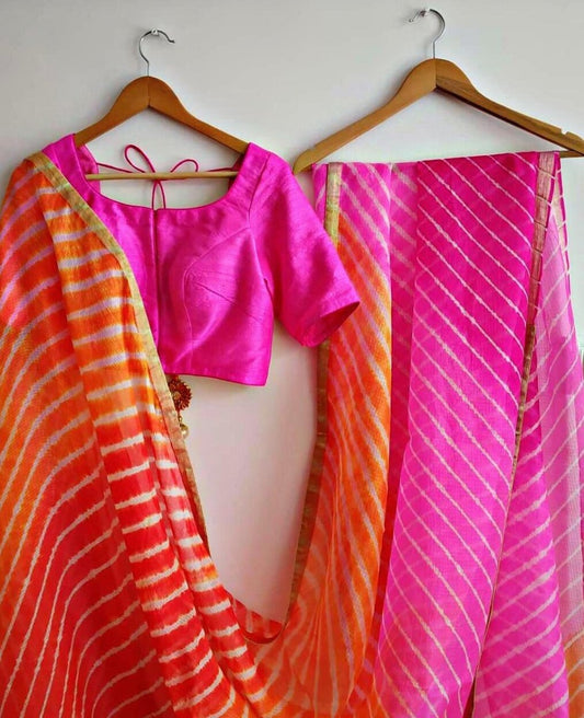 Orange and pink leheriya printed saree