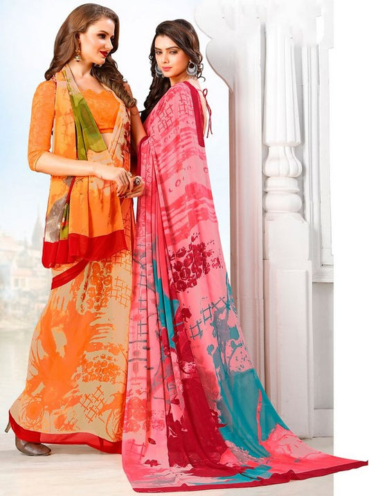 Orange & Red Colored Lesar Georgette Digital Printed Saree