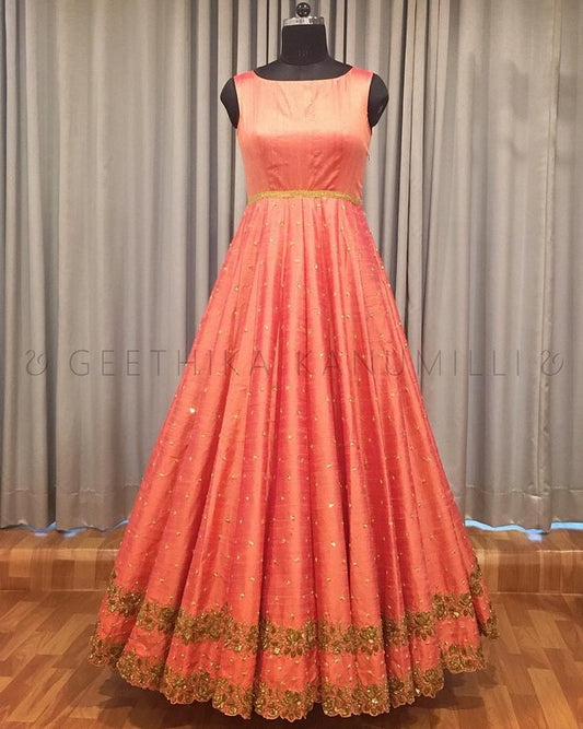 orange banglori silk long partywear gown
