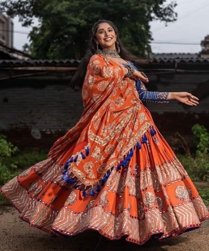 Orange butter silk digital print and mirror work navratri festival chaniya choli