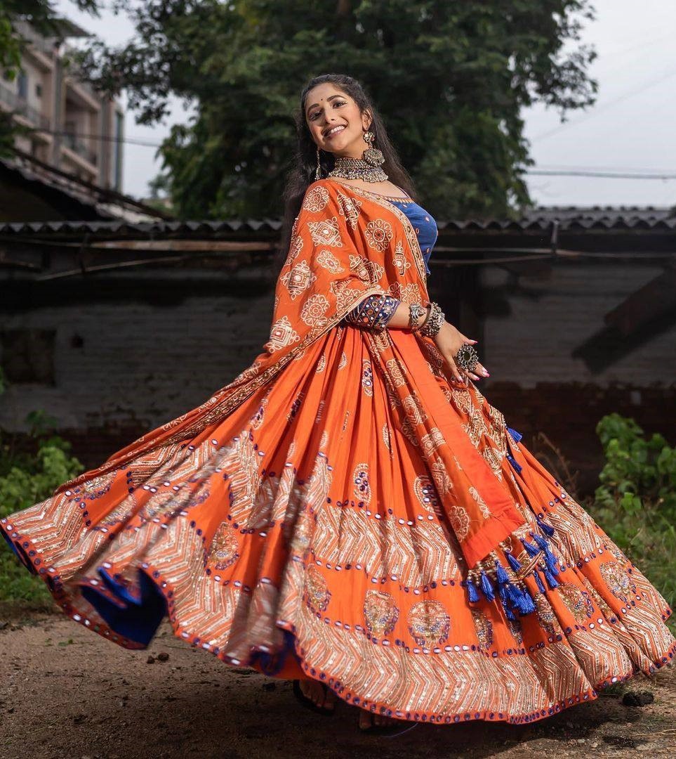 Orange butter silk digital print and mirror work navratri festival chaniya choli