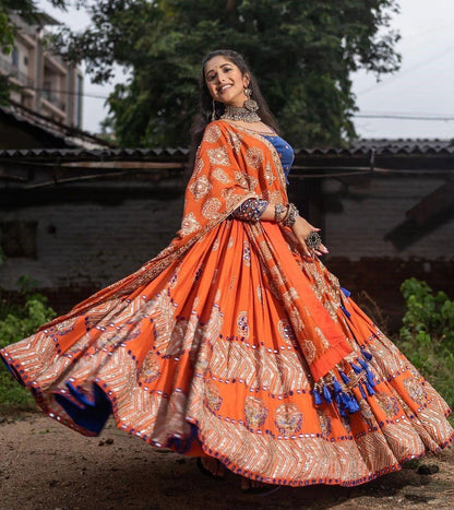Orange butter silk digital print and mirror work navratri festival chaniya choli