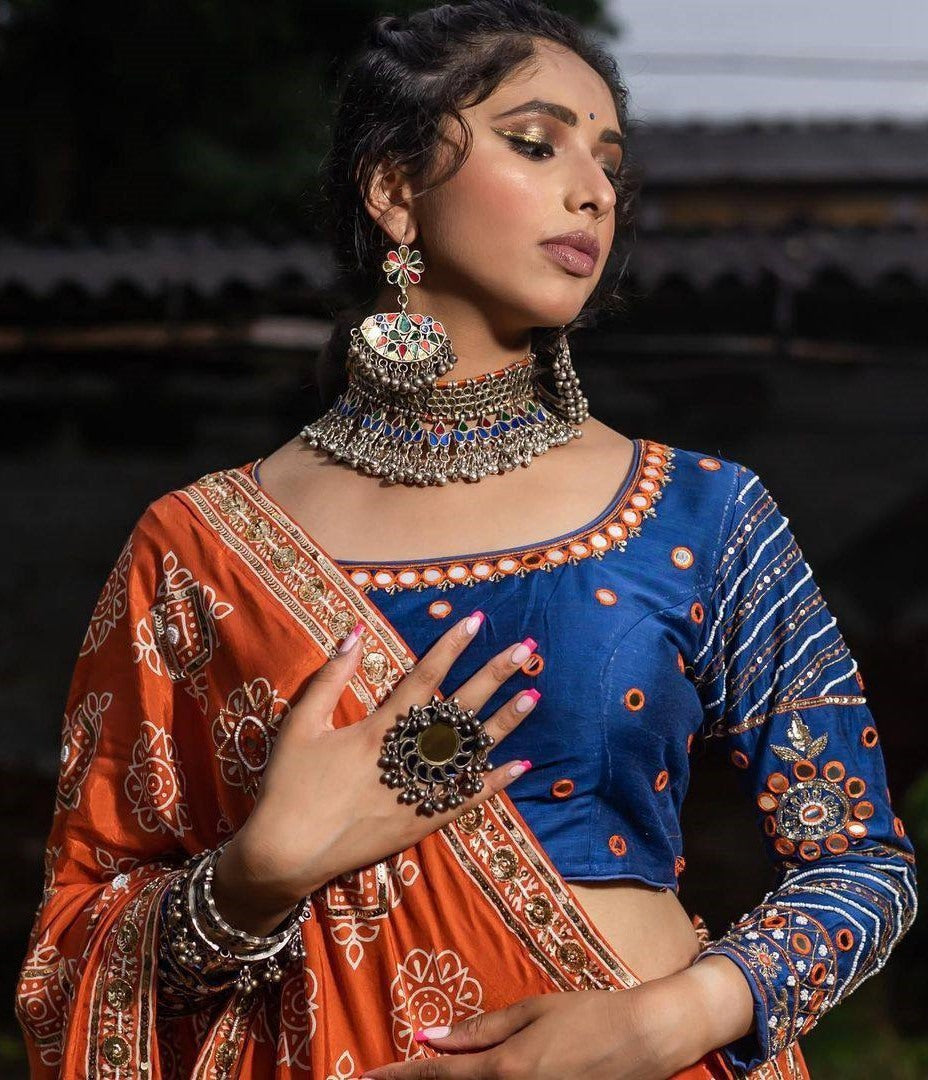 Orange butter silk digital print and mirror work navratri festival chaniya choli