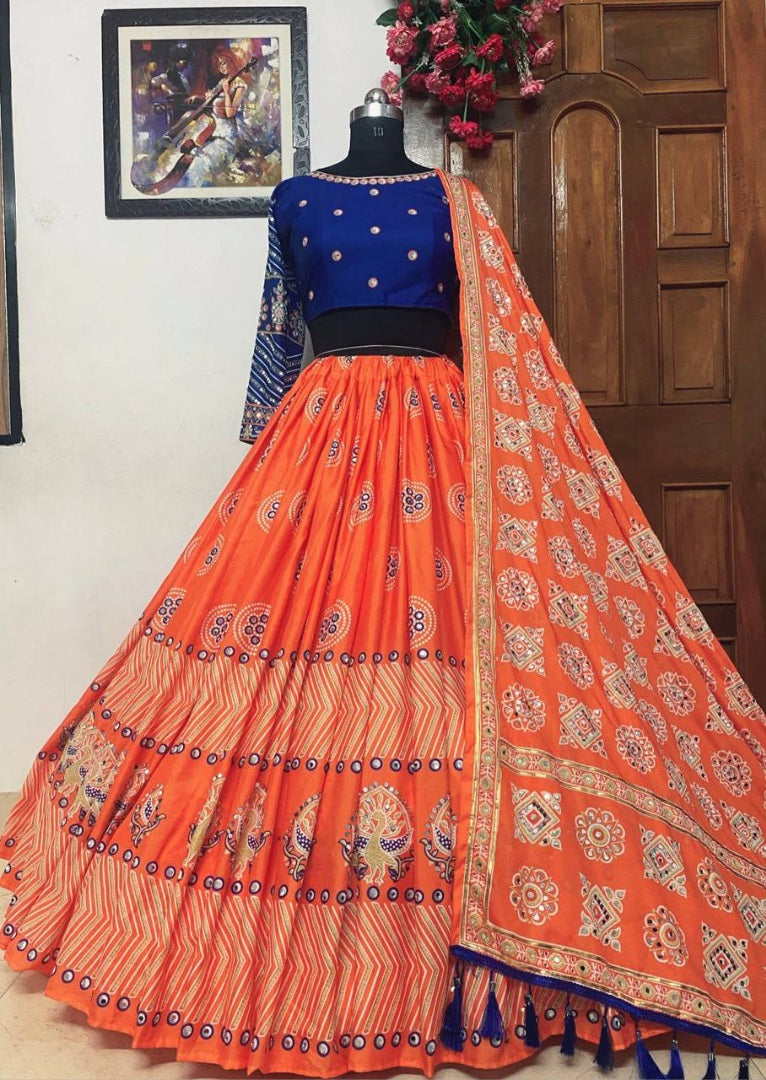 Orange butter silk digital print and mirror work navratri festival chaniya choli