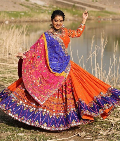 Orange butter silk printed and real mirror work wedding lehenga choli