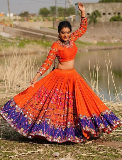 Orange butter silk printed and real mirror work wedding lehenga choli