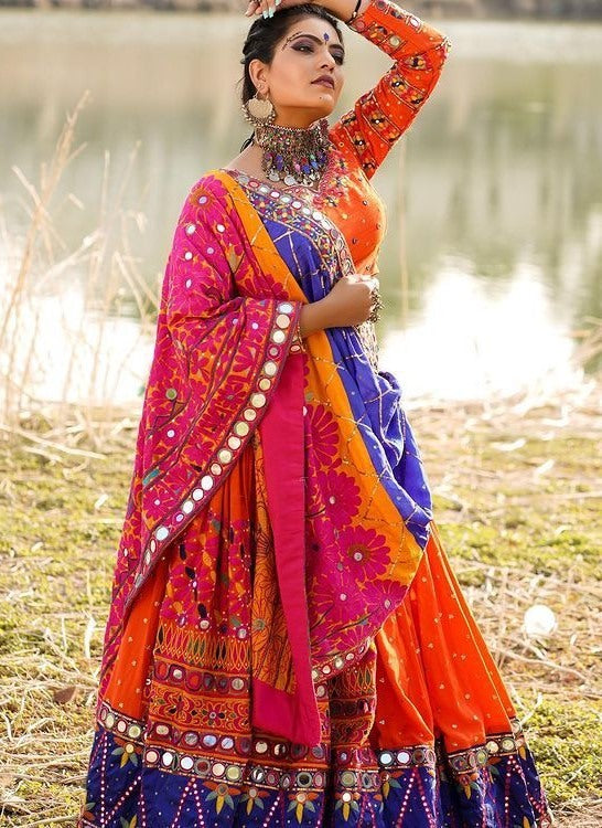 Orange butter silk printed and real mirror work wedding lehenga choli