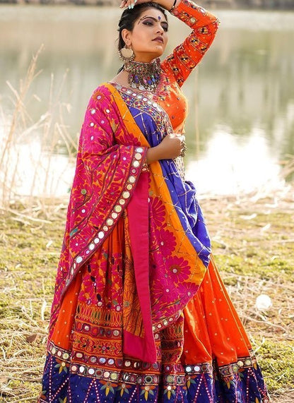 Orange butter silk printed and real mirror work wedding lehenga choli