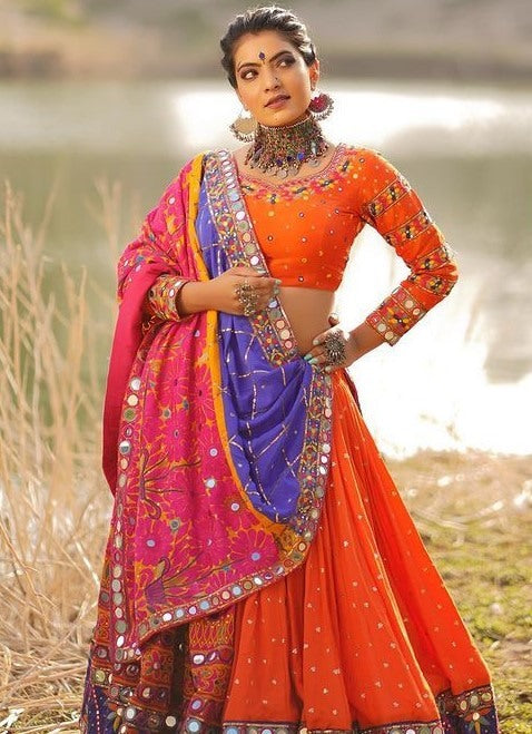 Orange butter silk printed and real mirror work wedding lehenga choli