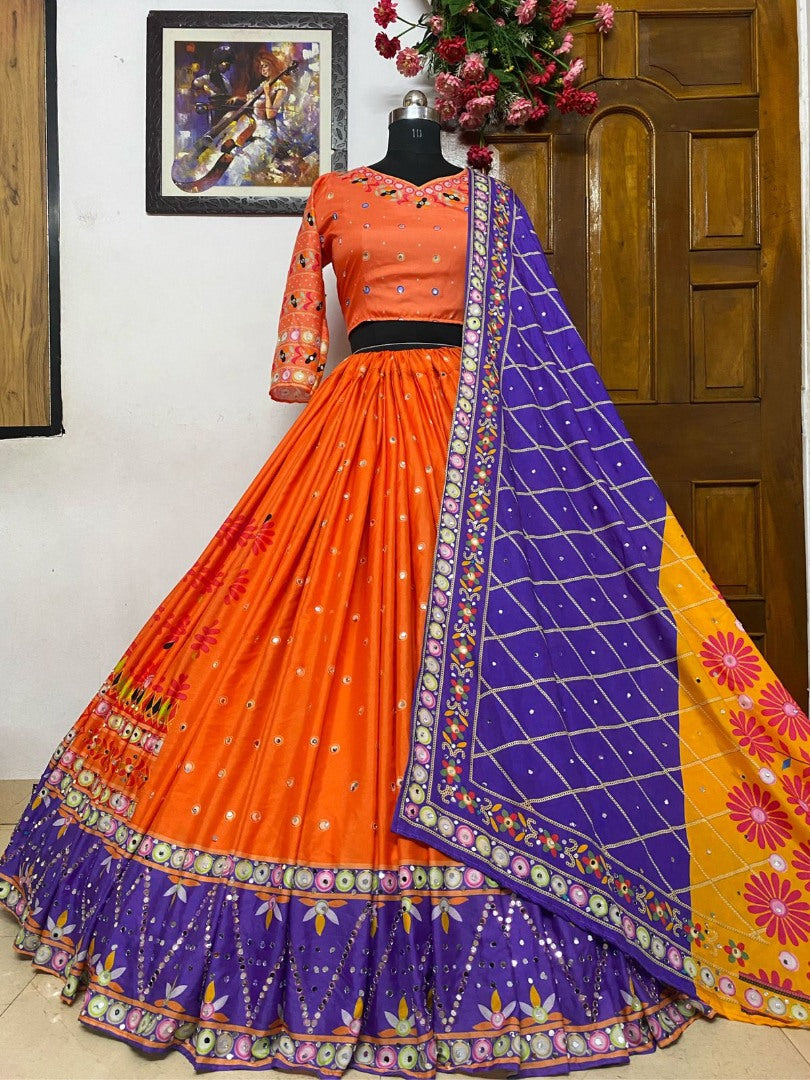 Orange butter silk printed and real mirror work wedding lehenga choli