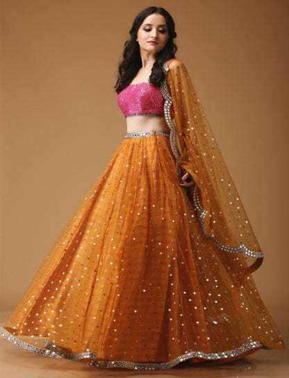 orange butterfly mono net partywear lehenga
