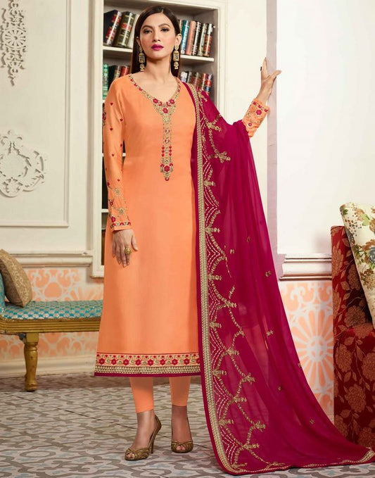 Orange Colored Georgette & Satin Digital Zari & Resham Embroidered Semi Stitched Salwar Suit